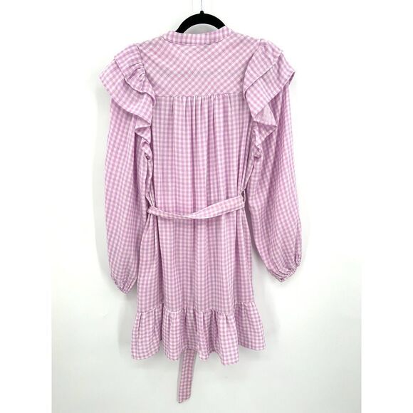 FRNCH Paris Purple White Check Gingham Ruffle Button Waist Tie Mini Dress Small - Picture 4 of 10